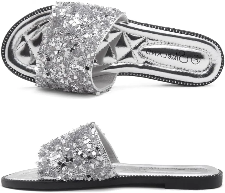 Shoe Land Joli Women's Flat Sandals, Fashion Sparkly Slides, Open Toe Rhinestone Slippers, Glitter Bling Casual Sandals with Cushioned Footbed for Summer, Daily Wear, and Party