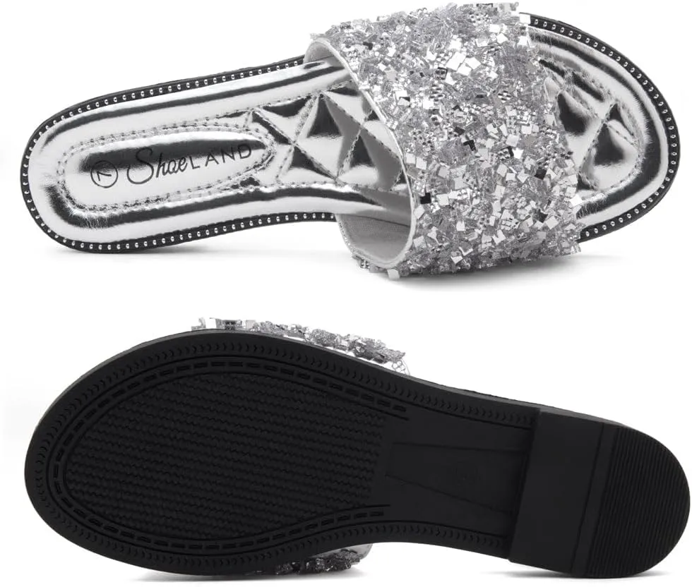 Shoe Land Joli Women's Flat Sandals, Fashion Sparkly Slides, Open Toe Rhinestone Slippers, Glitter Bling Casual Sandals with Cushioned Footbed for Summer, Daily Wear, and Party