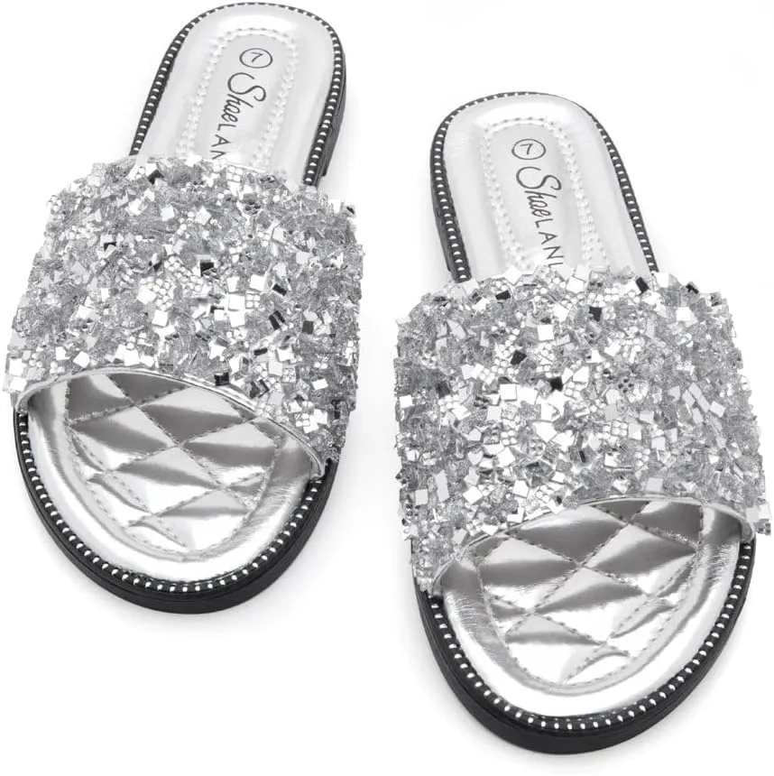 Shoe Land Joli Women's Flat Sandals, Fashion Sparkly Slides, Open Toe Rhinestone Slippers, Glitter Bling Casual Sandals with Cushioned Footbed for Summer, Daily Wear, and Party