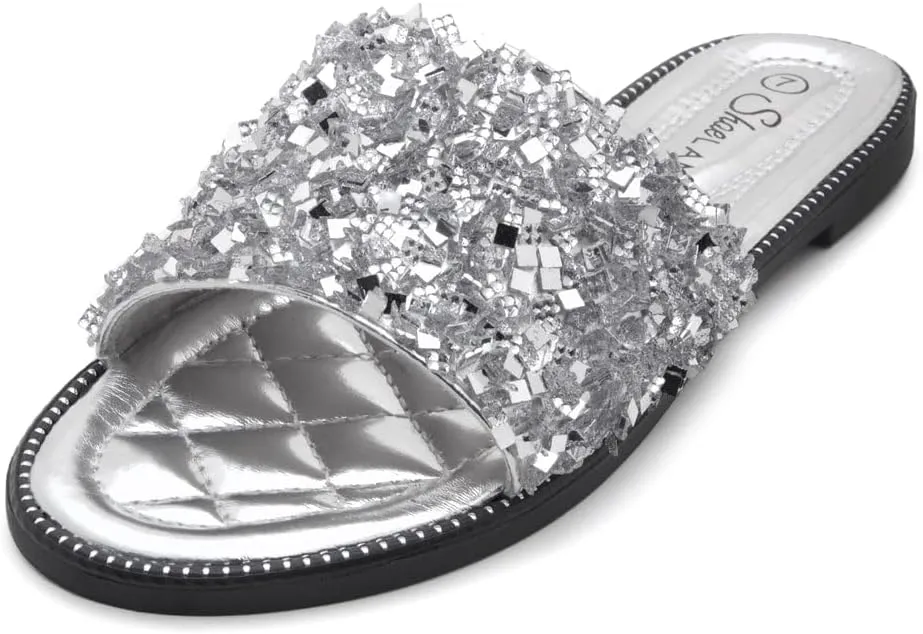 Shoe Land Joli Women's Flat Sandals, Fashion Sparkly Slides, Open Toe Rhinestone Slippers, Glitter Bling Casual Sandals with Cushioned Footbed for Summer, Daily Wear, and Party