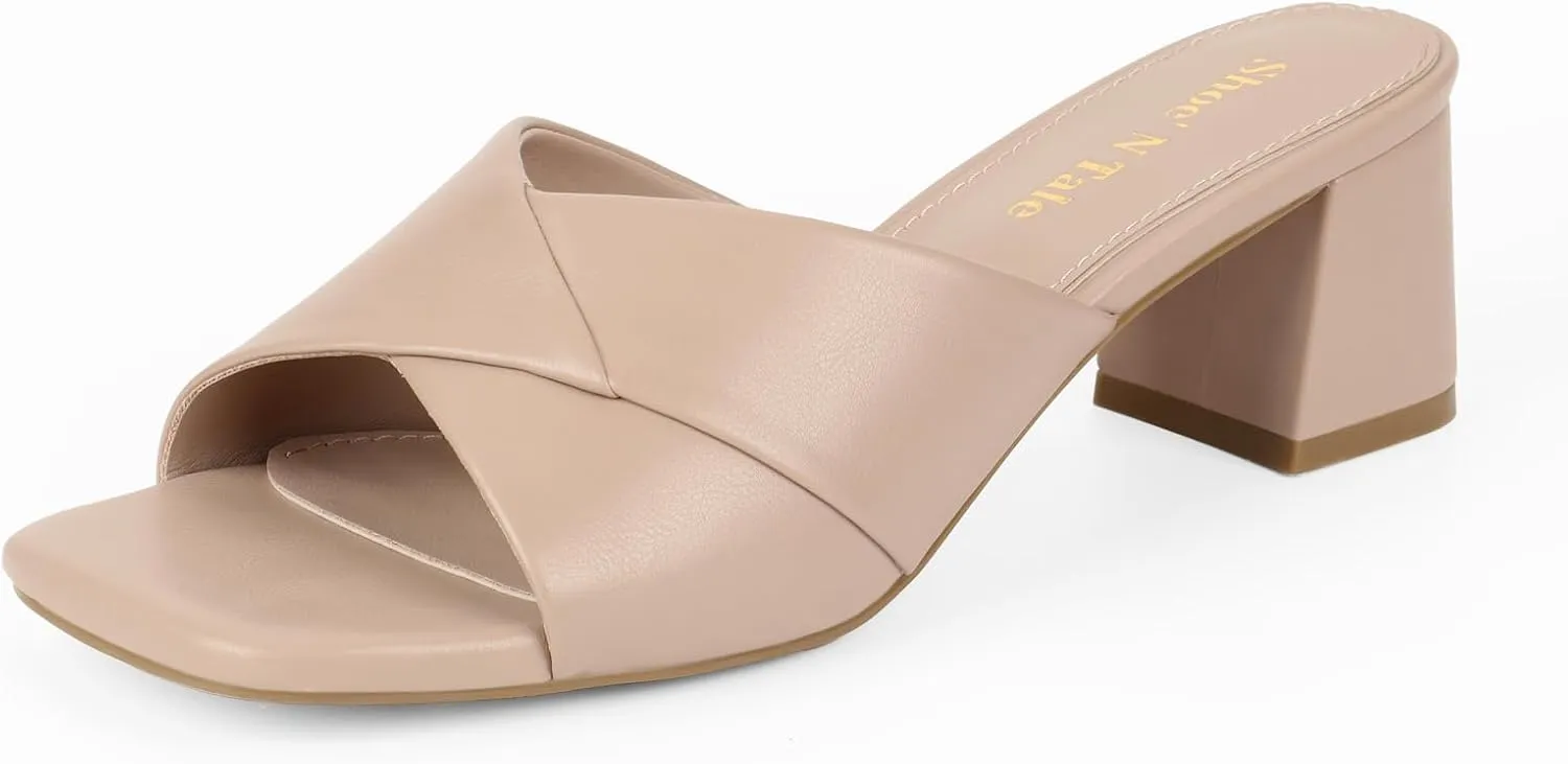 Shoe'N Tale Chunky Heels for Women Square Open Toe Low Block Heeled Sandals Comfortable Slip On Mules Dressy Shoes