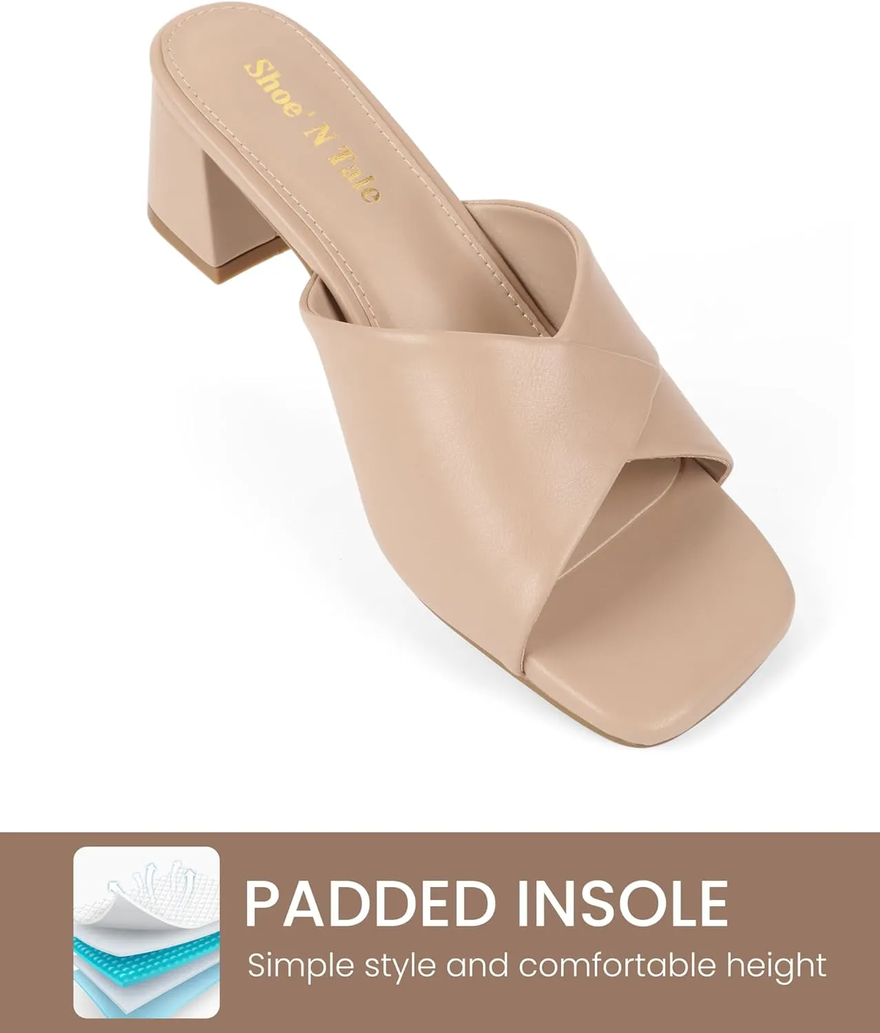 Shoe'N Tale Chunky Heels for Women Square Open Toe Low Block Heeled Sandals Comfortable Slip On Mules Dressy Shoes