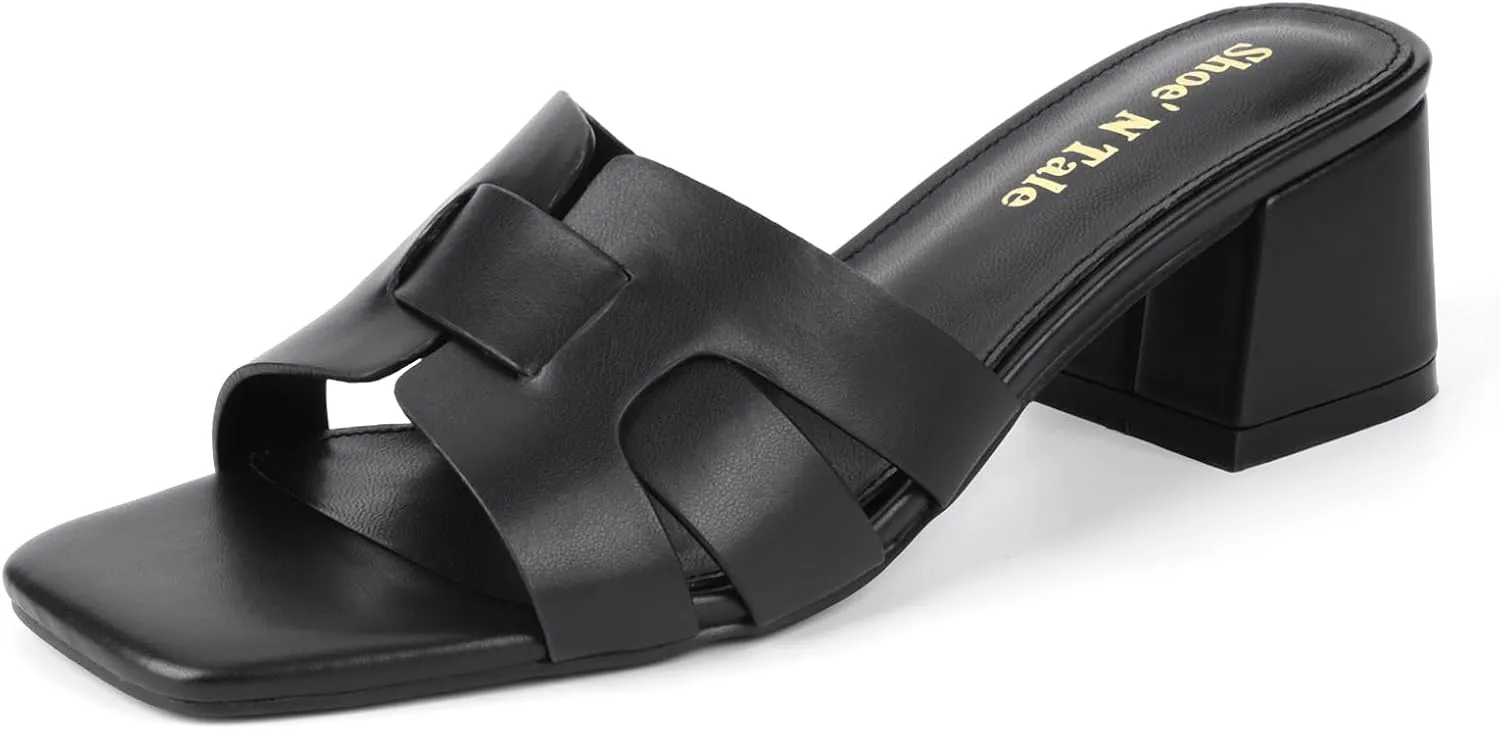 Shoe'N Tale Low Heels for Women Square Open Toe Mules Chunky Block Comfortable Slip On Dressy Sandals