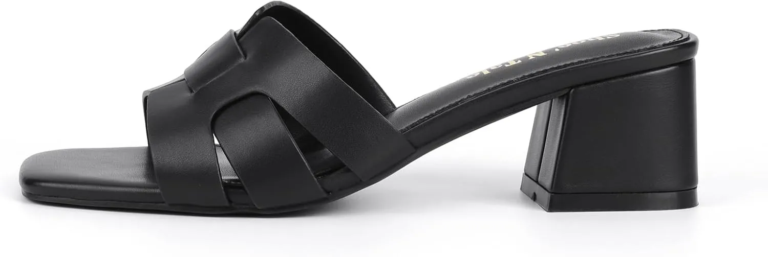 Shoe'N Tale Low Heels for Women Square Open Toe Mules Chunky Block Comfortable Slip On Dressy Sandals