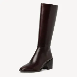 Tamaris Leather Block Heeled Boot in Dark Brown