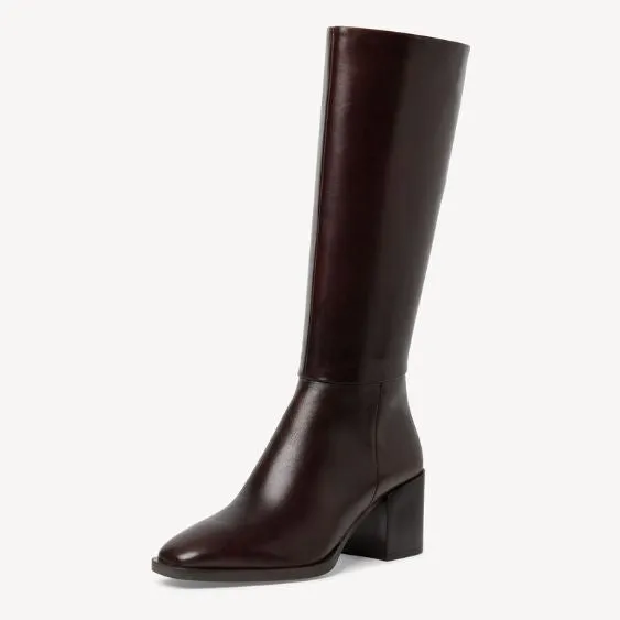 Tamaris Leather Block Heeled Boot in Dark Brown