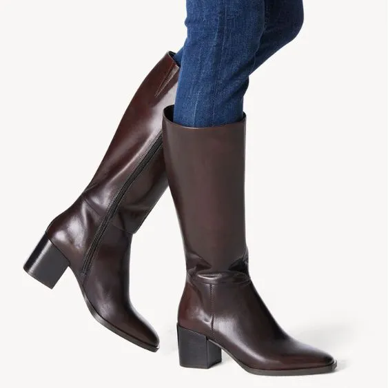 Tamaris Leather Block Heeled Boot in Dark Brown