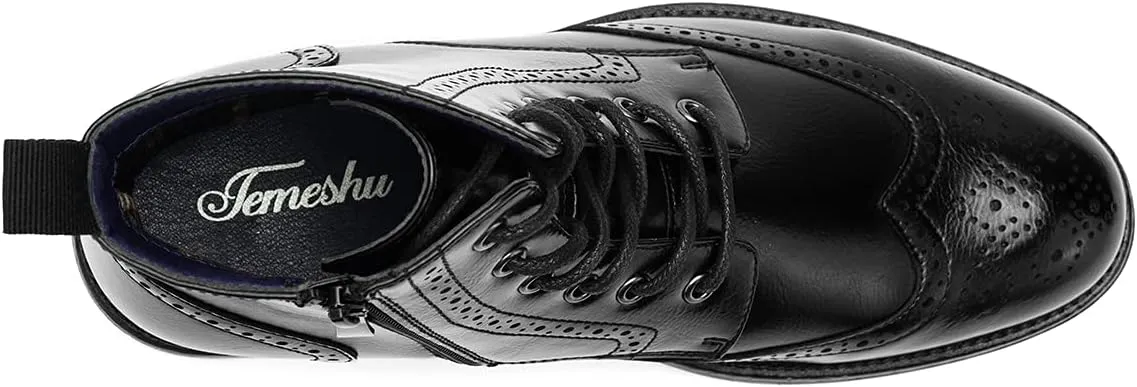 Temeshu Men's Wingtip Oxford Boot Side Zip Ankle Motorcycle Boots MS07
