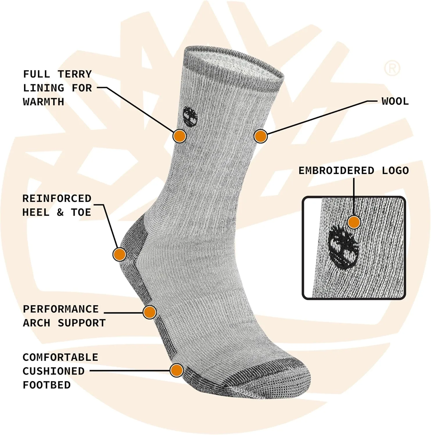 Timberland Men's Wool, Hiking, Winter, Thermal Boot, Full Cushioned Crew Socks with Arch Support