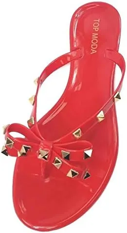 TOP Moda Womens Studded Jelly Flip Flops Sandals with Bow