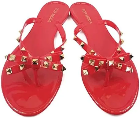 TOP Moda Womens Studded Jelly Flip Flops Sandals with Bow