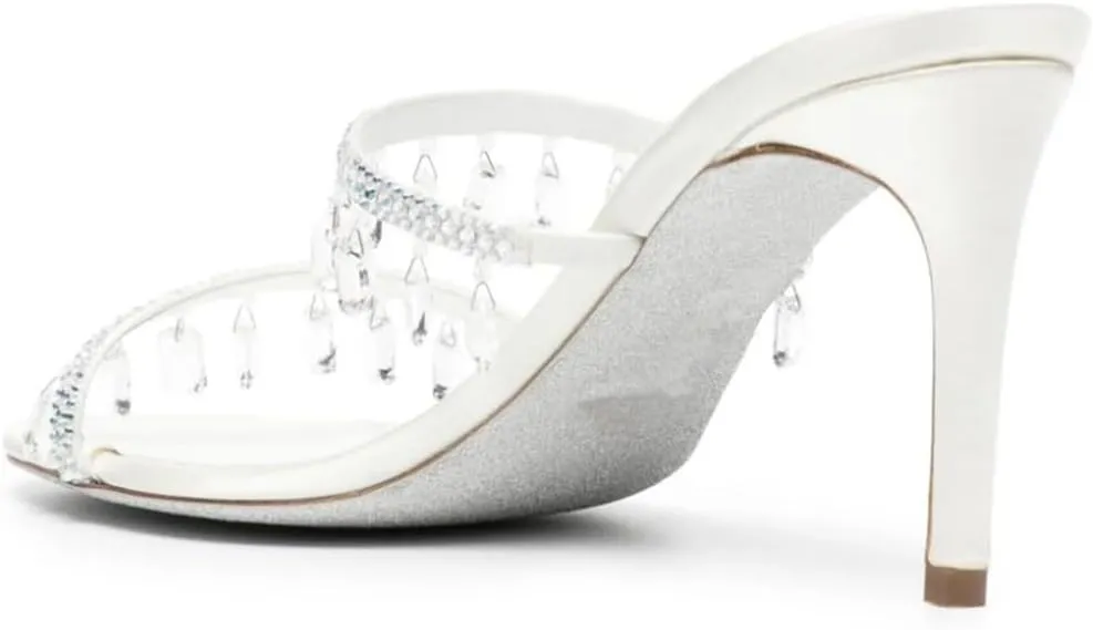 Vertundy Rhinestone High Heeled Sandal Mule for Women Crystal Strappy Slip On Round Toe Stilettos Heels Sandal Wedding Bride Party Dress Slippers