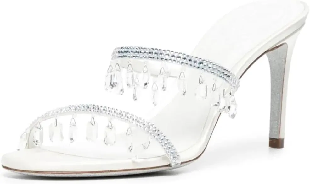 Vertundy Rhinestone High Heeled Sandal Mule for Women Crystal Strappy Slip On Round Toe Stilettos Heels Sandal Wedding Bride Party Dress Slippers