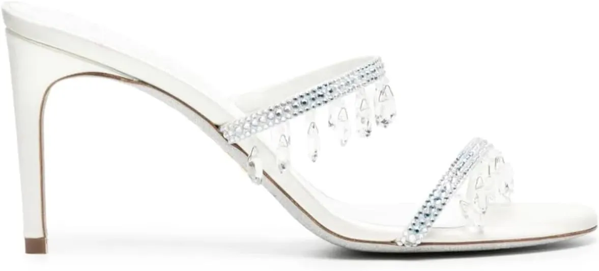 Vertundy Rhinestone High Heeled Sandal Mule for Women Crystal Strappy Slip On Round Toe Stilettos Heels Sandal Wedding Bride Party Dress Slippers