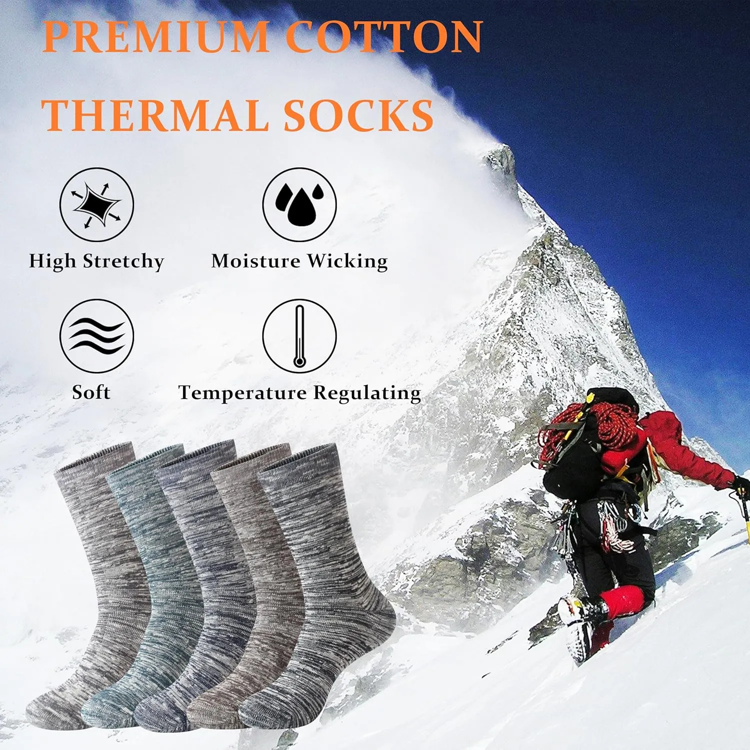 Wildarms 5 Pairs Thermal Warm Socks for Men Thick Winter Cozy Hiking Socks Men’s Cotton Breathable Cushioned Boot Socks