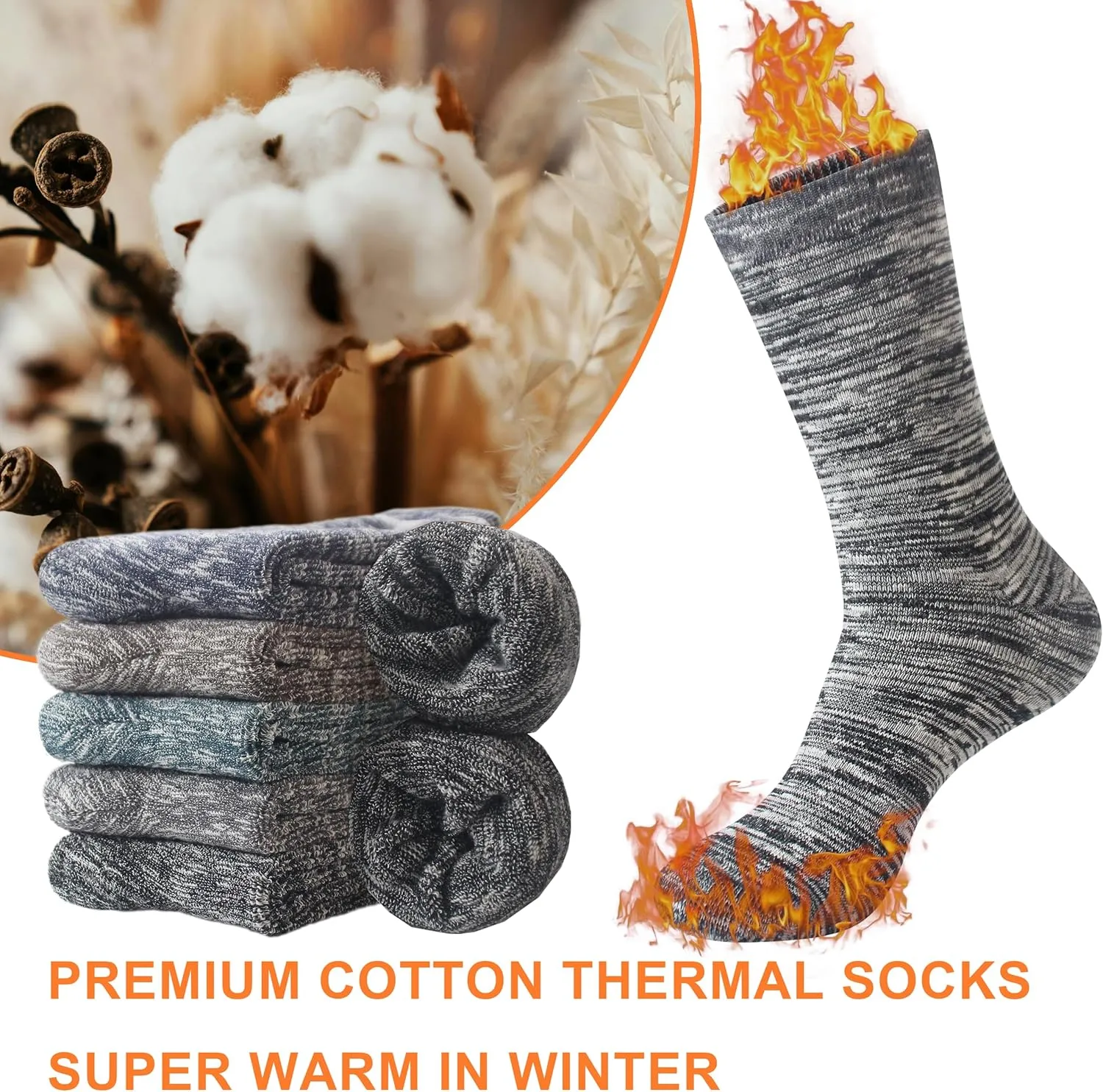 Wildarms 5 Pairs Thermal Warm Socks for Men Thick Winter Cozy Hiking Socks Men’s Cotton Breathable Cushioned Boot Socks