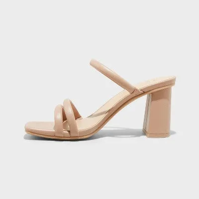 Women's 6 1/2 Stacy Mule Heels - A New Day Light Brown: Slip-On Block Heel, Faux Leather, Cushioned Insole