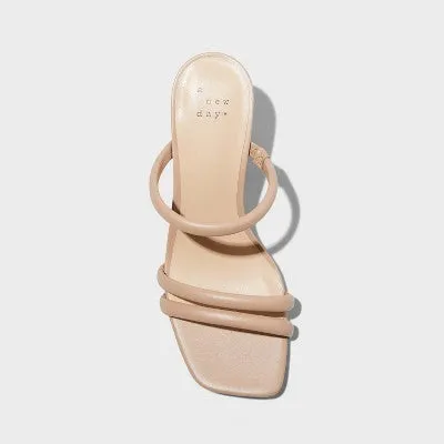 Women's 6 1/2 Stacy Mule Heels - A New Day Light Brown: Slip-On Block Heel, Faux Leather, Cushioned Insole