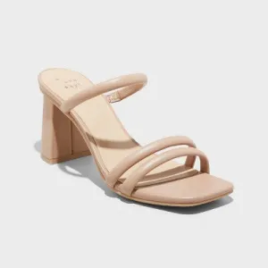 Women's 6 1/2 Stacy Mule Heels - A New Day Light Brown: Slip-On Block Heel, Faux Leather, Cushioned Insole