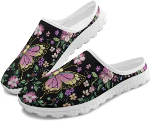 Women's Arch Support Mule Pink Blossom Butterfly Garden Shoes Slip On Loafers Breathable Summer Orthotic Barefoot Walking Flat with Plantar Fasciitis Soles