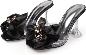 Women's Clear High Heel Mule Sandal Square Open toe Slide on Wedding Party Dress Shoes with Bow