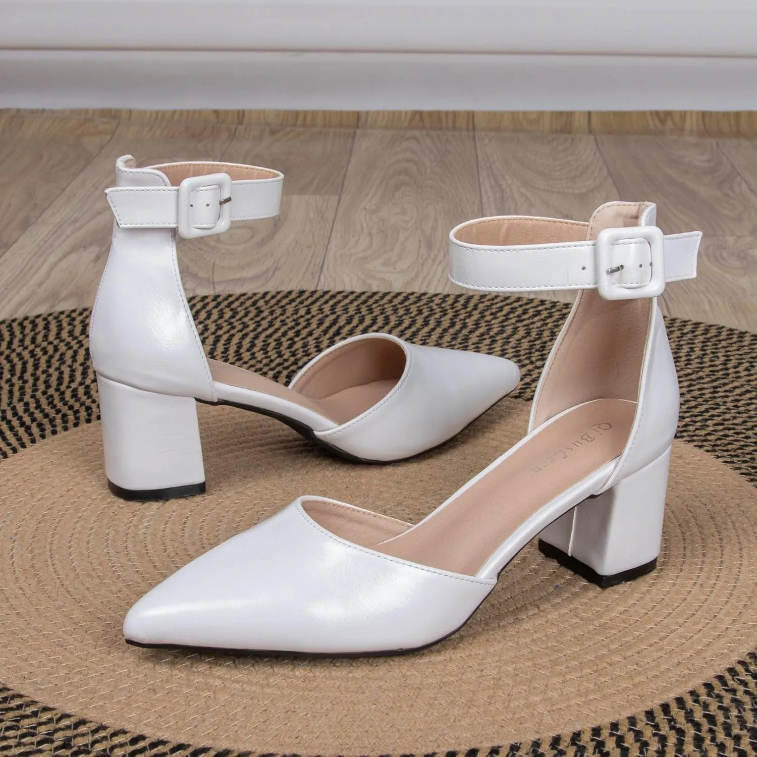 Womens Closed Pointed Toe Low Block Sandal Heels Ankle Strap Chunky Heeled Pumps for Women Party Wedding Dressy Comfortable Leather Suede Sandals Shoes 2.36 Inch