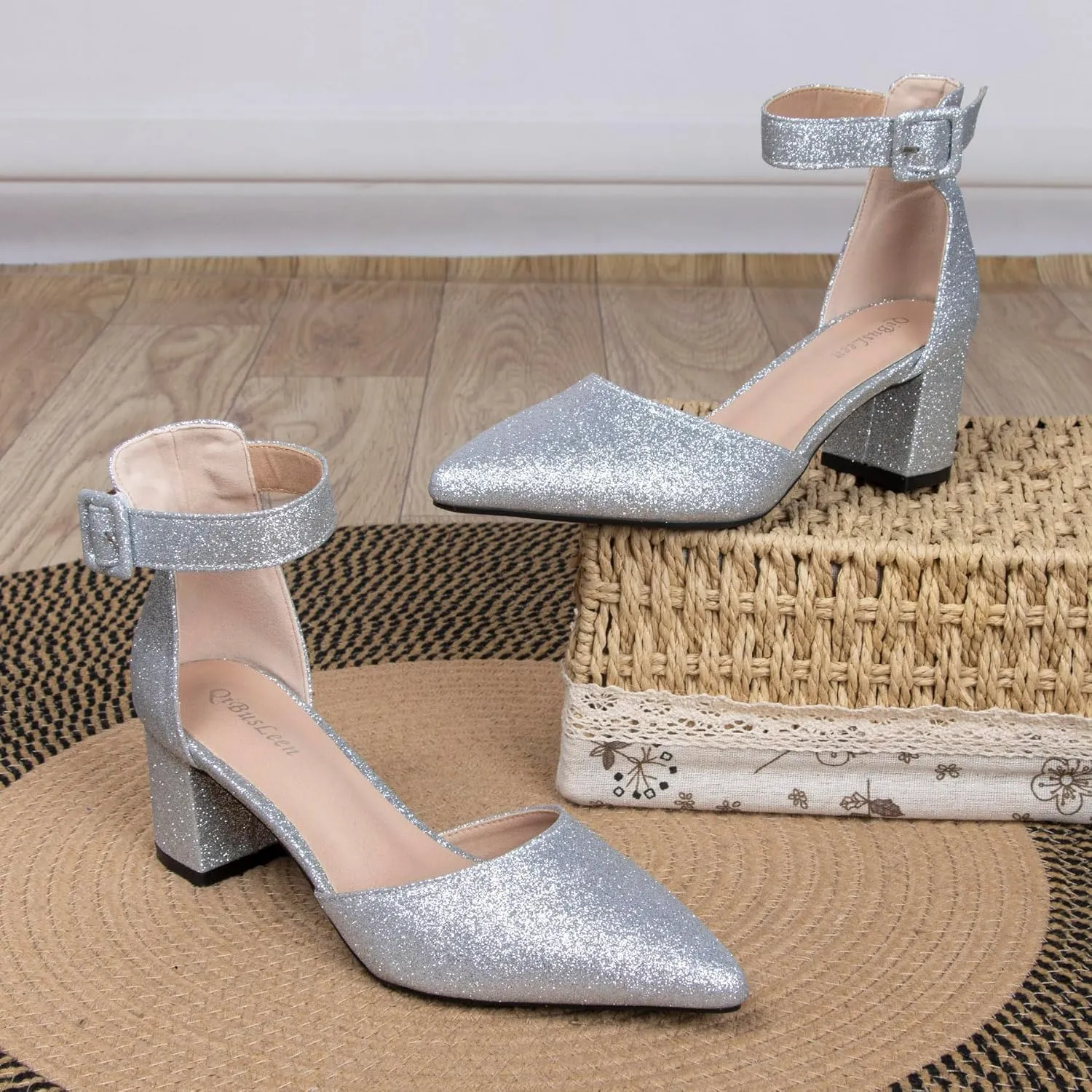 Womens Closed Pointed Toe Low Block Sandal Heels Ankle Strap Chunky Heeled Pumps for Women Party Wedding Dressy Comfortable Leather Suede Sandals Shoes 2.36 Inch