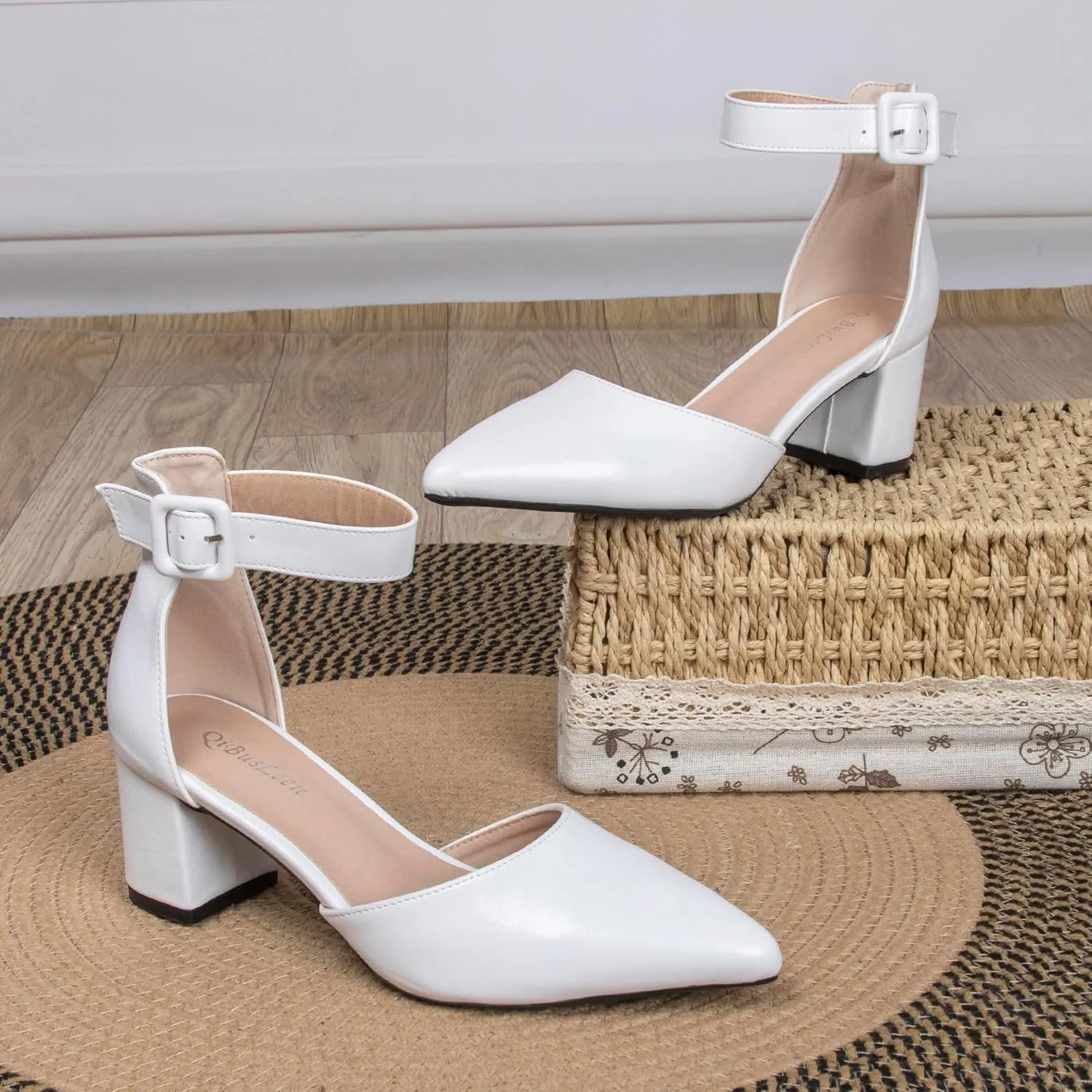 Womens Closed Pointed Toe Low Block Sandal Heels Ankle Strap Chunky Heeled Pumps for Women Party Wedding Dressy Comfortable Leather Suede Sandals Shoes 2.36 Inch