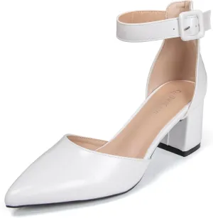 Womens Closed Pointed Toe Low Block Sandal Heels Ankle Strap Chunky Heeled Pumps for Women Party Wedding Dressy Comfortable Leather Suede Sandals Shoes 2.36 Inch