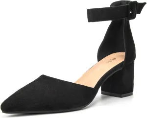 Womens Closed Pointed Toe Low Block Sandal Heels Ankle Strap Chunky Heeled Pumps for Women Party Wedding Dressy Comfortable Leather Suede Sandals Shoes 2.36 Inch