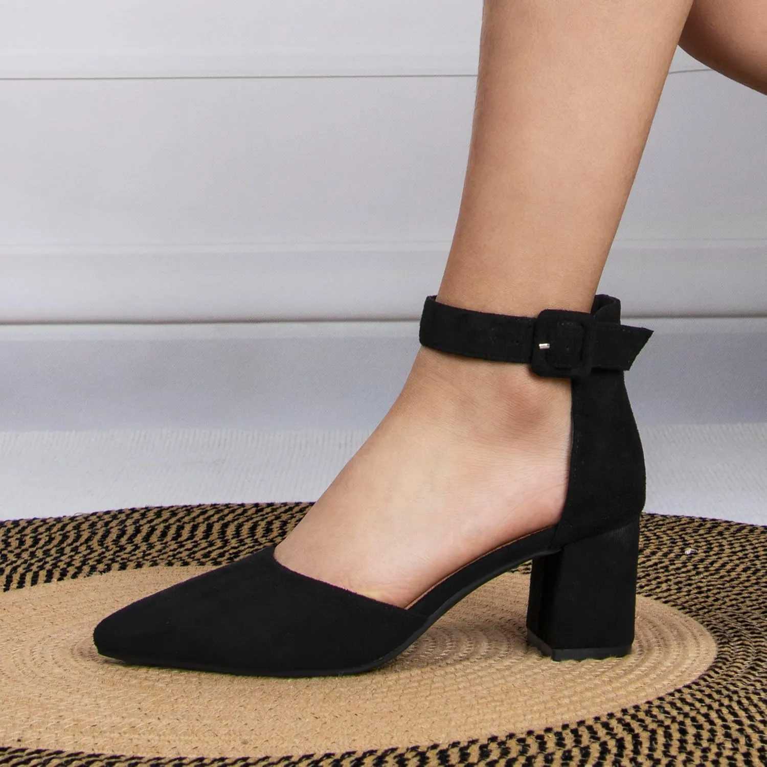 Womens Closed Pointed Toe Low Block Sandal Heels Ankle Strap Chunky Heeled Pumps for Women Party Wedding Dressy Comfortable Leather Suede Sandals Shoes 2.36 Inch