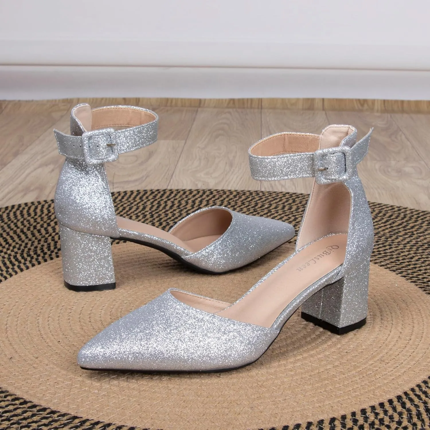 Womens Closed Pointed Toe Low Block Sandal Heels Ankle Strap Chunky Heeled Pumps for Women Party Wedding Dressy Comfortable Leather Suede Sandals Shoes 2.36 Inch