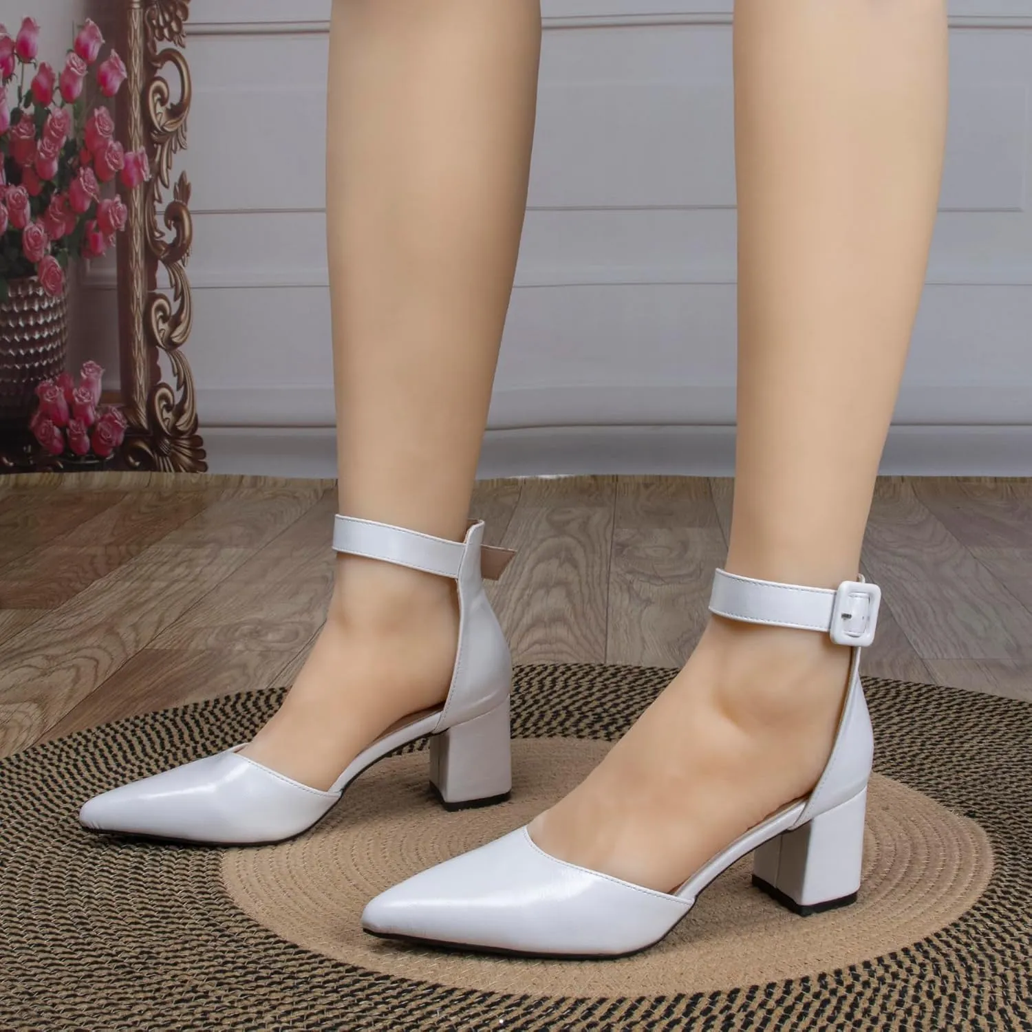 Womens Closed Pointed Toe Low Block Sandal Heels Ankle Strap Chunky Heeled Pumps for Women Party Wedding Dressy Comfortable Leather Suede Sandals Shoes 2.36 Inch