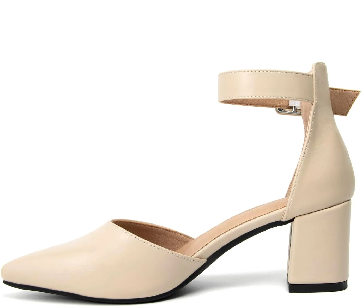 Womens Closed Pointed Toe Low Block Sandal Heels Ankle Strap Chunky Heeled Pumps for Women Party Wedding Dressy Comfortable Leather Suede Sandals Shoes 2.36 Inch