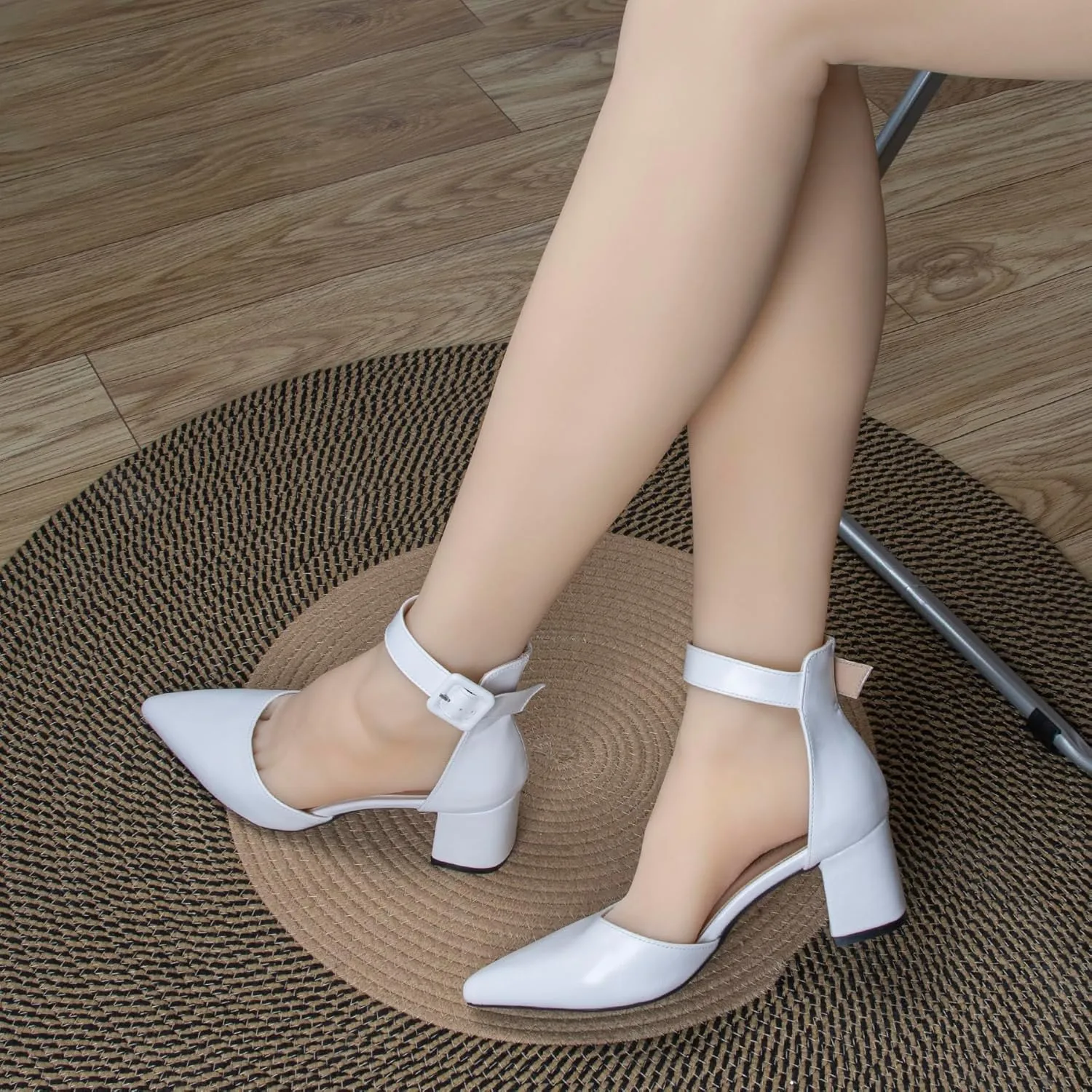 Womens Closed Pointed Toe Low Block Sandal Heels Ankle Strap Chunky Heeled Pumps for Women Party Wedding Dressy Comfortable Leather Suede Sandals Shoes 2.36 Inch