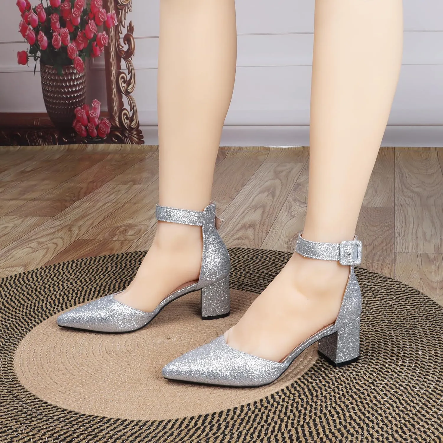 Womens Closed Pointed Toe Low Block Sandal Heels Ankle Strap Chunky Heeled Pumps for Women Party Wedding Dressy Comfortable Leather Suede Sandals Shoes 2.36 Inch