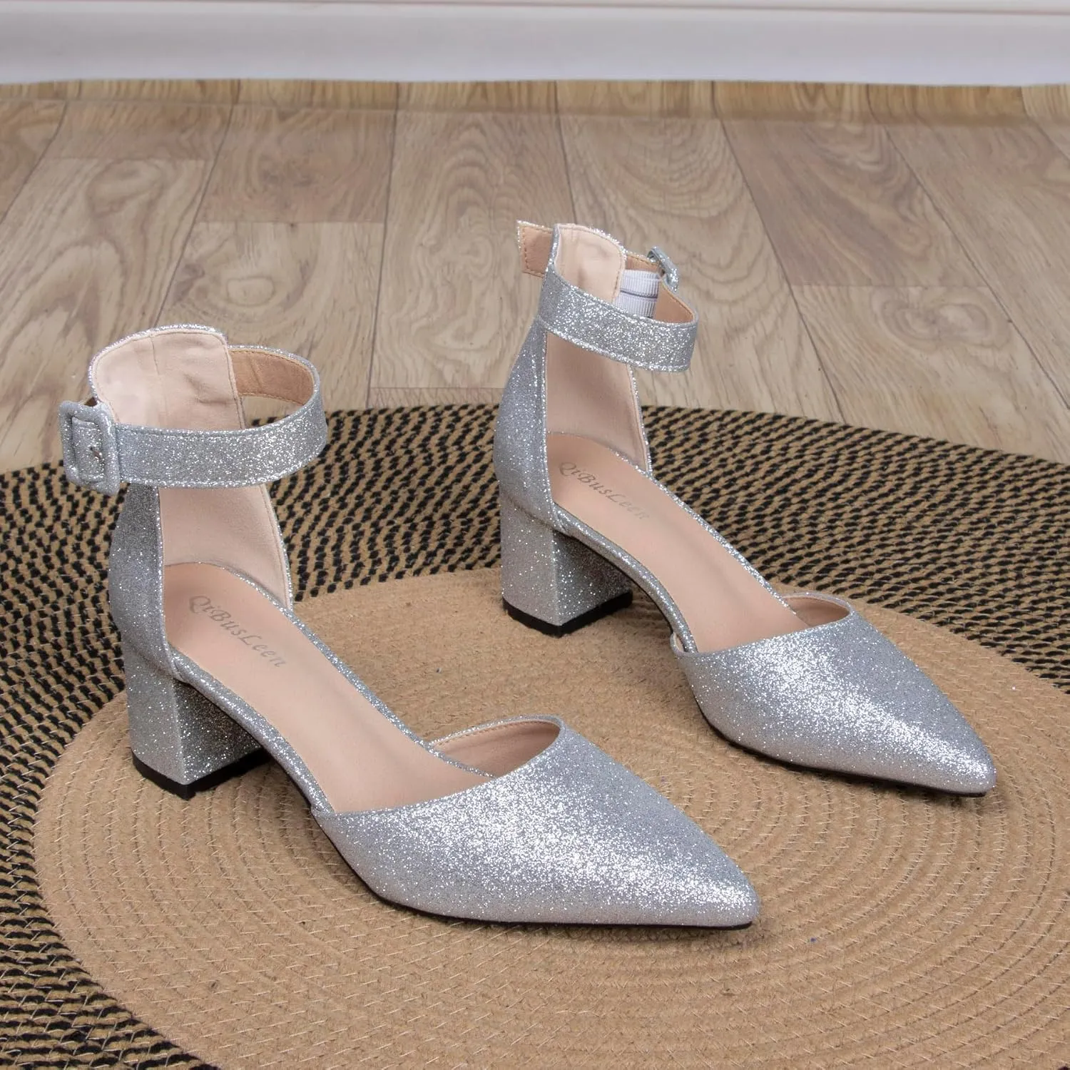 Womens Closed Pointed Toe Low Block Sandal Heels Ankle Strap Chunky Heeled Pumps for Women Party Wedding Dressy Comfortable Leather Suede Sandals Shoes 2.36 Inch