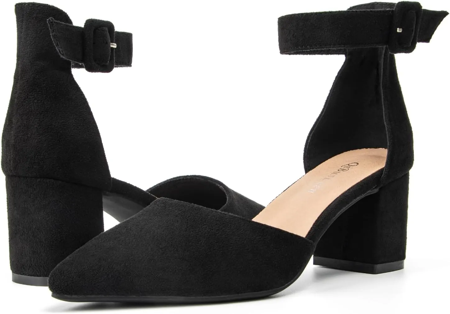 Womens Closed Pointed Toe Low Block Sandal Heels Ankle Strap Chunky Heeled Pumps for Women Party Wedding Dressy Comfortable Leather Suede Sandals Shoes 2.36 Inch