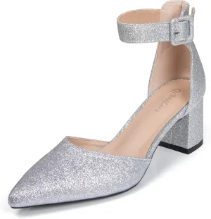 Womens Closed Pointed Toe Low Block Sandal Heels Ankle Strap Chunky Heeled Pumps for Women Party Wedding Dressy Comfortable Leather Suede Sandals Shoes 2.36 Inch