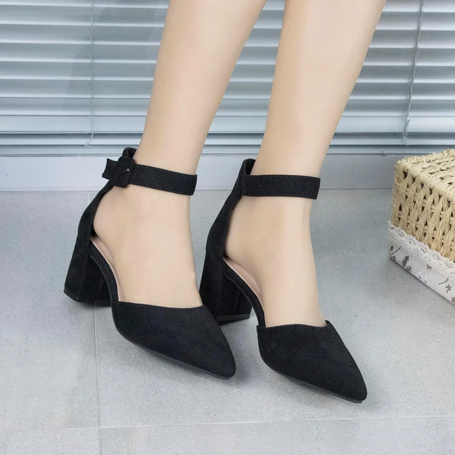 Womens Closed Pointed Toe Low Block Sandal Heels Ankle Strap Chunky Heeled Pumps for Women Party Wedding Dressy Comfortable Leather Suede Sandals Shoes 2.36 Inch