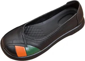 Women's Colorblock Leather Casual Shoes,Vintage Comfort Closed Toe Non-Slip Ox Softsole Slip-on Flats Dress Loafers