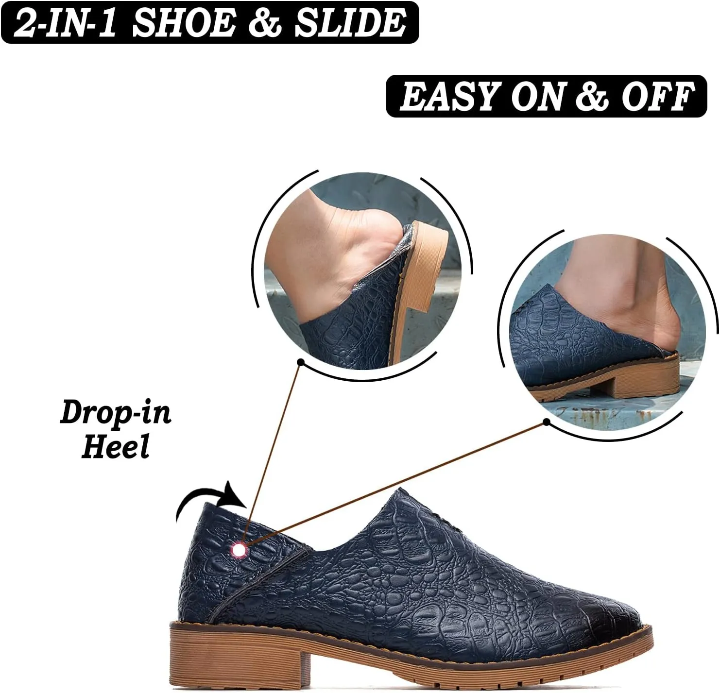 Women's Fashion Leather Penny Loafer Drop-in Heel Slip On Flats Mules Shoes