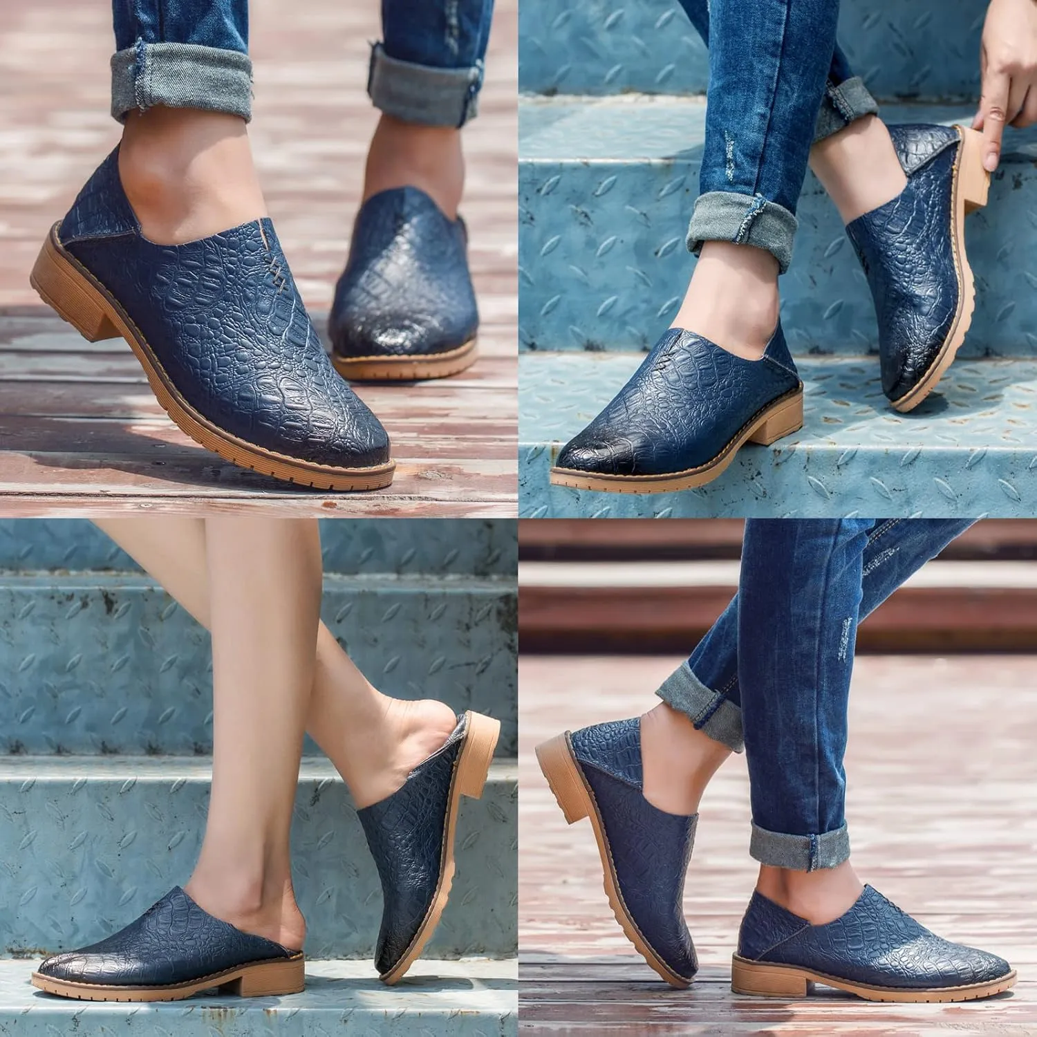 Women's Fashion Leather Penny Loafer Drop-in Heel Slip On Flats Mules Shoes