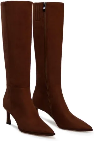 Womens Knee High Boots Kitten Heel Pointed Toe Faux Leather Long Boots Stiletto Side Zipper Comfortable Tall Boot