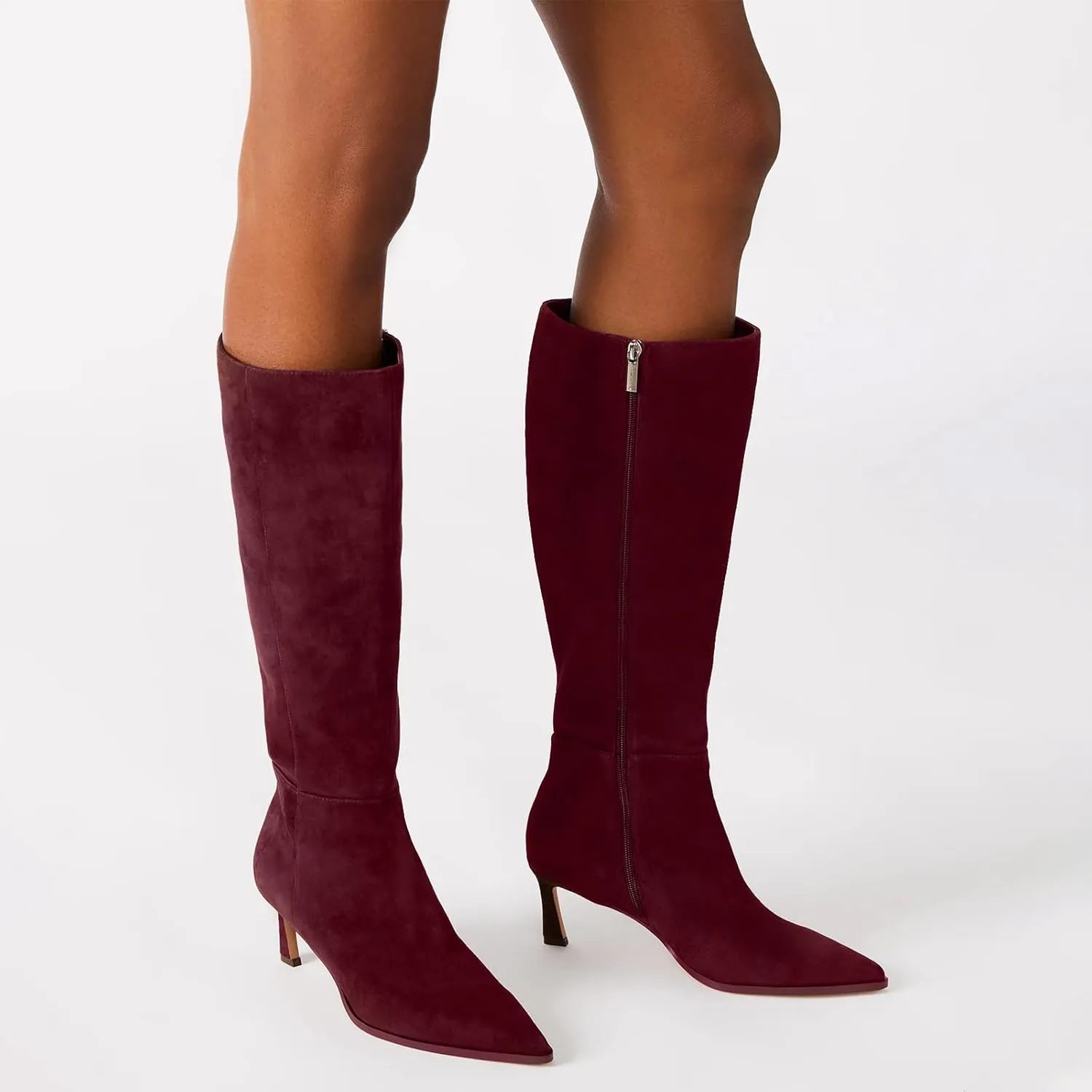 Womens Knee High Boots Kitten Heel Pointed Toe Faux Leather Long Boots Stiletto Side Zipper Comfortable Tall Boot