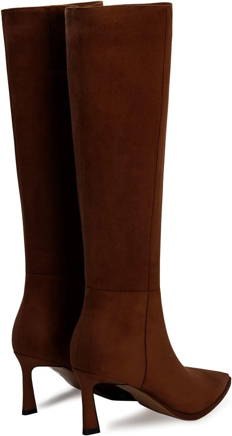 Womens Knee High Boots Kitten Heel Pointed Toe Faux Leather Long Boots Stiletto Side Zipper Comfortable Tall Boot