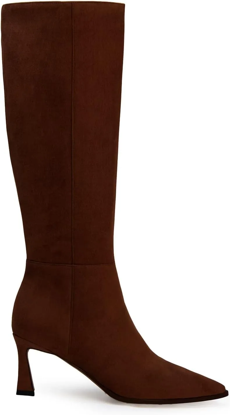 Womens Knee High Boots Kitten Heel Pointed Toe Faux Leather Long Boots Stiletto Side Zipper Comfortable Tall Boot