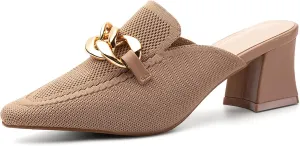 Women's Knit Pointed Toe Chunky Heel Mules, Comfortable Slip-On Sandals for Business and Daily Wear Apricot 10