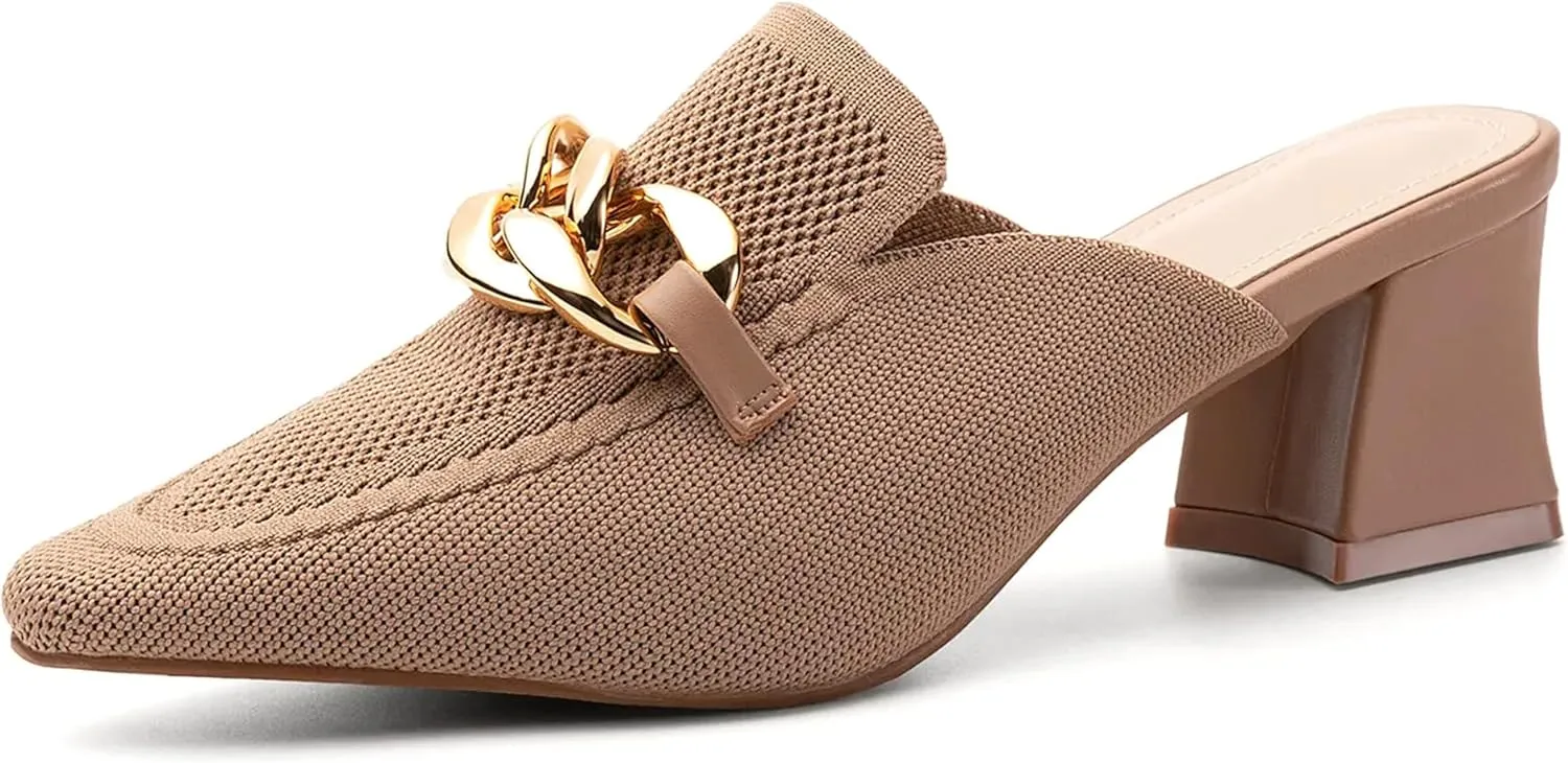 Women's Knit Pointed Toe Chunky Heel Mules, Comfortable Slip-On Sandals for Business and Daily Wear Apricot 10