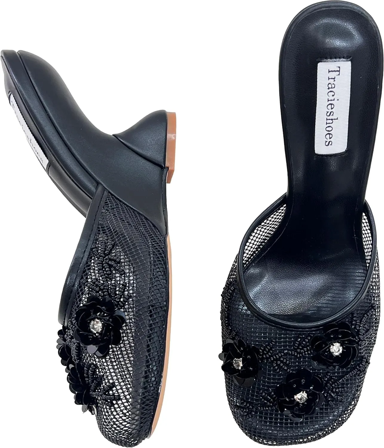 Women's Mesh Mule Slip On Sandals With Floral Sequin Embellishments Round Toe Wedge Heel Slides Slippers 4 Inch